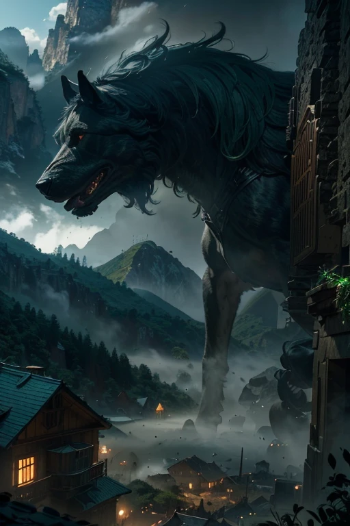 A tall armored man, a dog, lush green valley, village, dramatic lighting, cinematic composition, volumetric fog, photorealistic, intricate details, epic fantasy, rich colors, dramatic atmosphere, dynamic pose, powerful presence, majestic scenery, masterpiece, best quality, 8k, high resolution