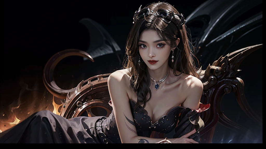 skirt, Beautiful demon woman from hell, (in the darkness: 1.6), 大卫霍克尼和阿尔方斯穆夏的Surreal女性portrait, Fantasy Art, Korean Doll, Photorealism, Dynamic Lighting, Art Station, poster, Volumetric Lighting, Very rich facial details, 8K, in the darkness, Deep Shadows, Low pitch, (Shot in the knee), Long hair, Black Hair, Luxurious Palace, Royal style, Demon Crown, The red eye makeup is very vivid and detailed, The most beautiful face, Normal breast, Surreal, Charming smile, The eye makeup is beautiful, Gurwitz, Devil style, Red-black lips, Devil tattoo on the shoulder, Gloomy weather，Thunder, (portrait), Close-up of the protagonist, (Background details 1.8),