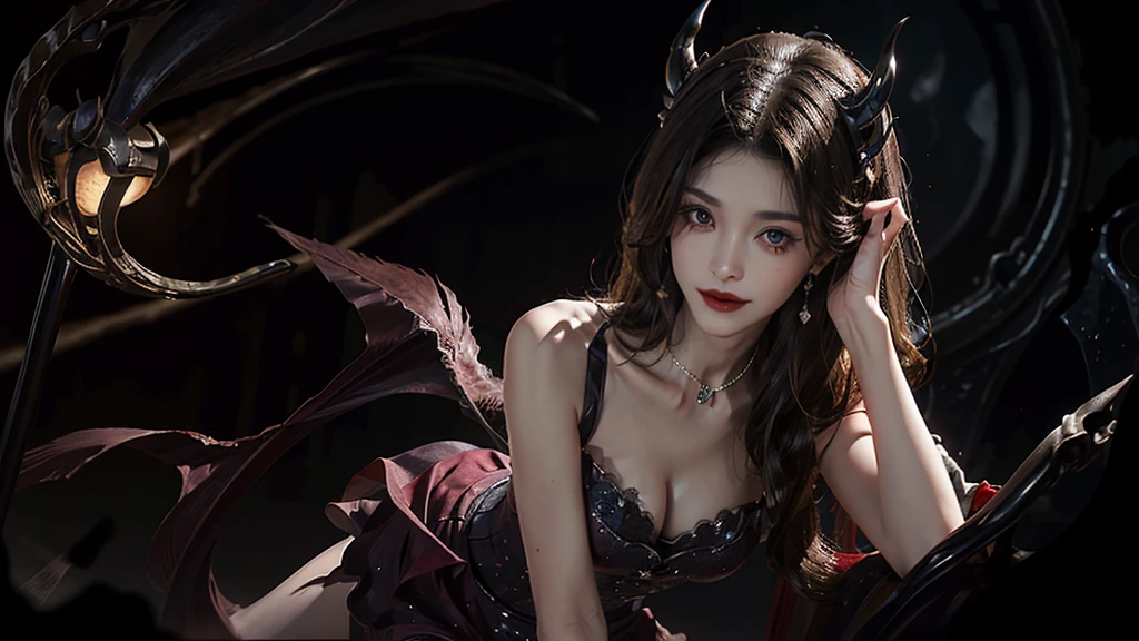 skirt, Beautiful demon woman from hell, (in the darkness: 1.6), 大卫霍克尼和阿尔方斯穆夏的Surreal女性portrait, Fantasy Art, Korean Doll, Photorealism, Dynamic Lighting, Art Station, poster, Volumetric Lighting, Very rich facial details, 8K, in the darkness, Deep Shadows, Low pitch, (Shot in the knee), Long hair, Black Hair, Luxurious Palace, Royal style, Demon Crown, The red eye makeup is very vivid and detailed, The most beautiful face, Normal breast, Surreal, Charming smile, The eye makeup is beautiful, Gurwitz, Devil style, Red-black lips, Devil tattoo on the shoulder, Gloomy weather，Thunder, (portrait), Close-up of the protagonist, (Background details 1.8),