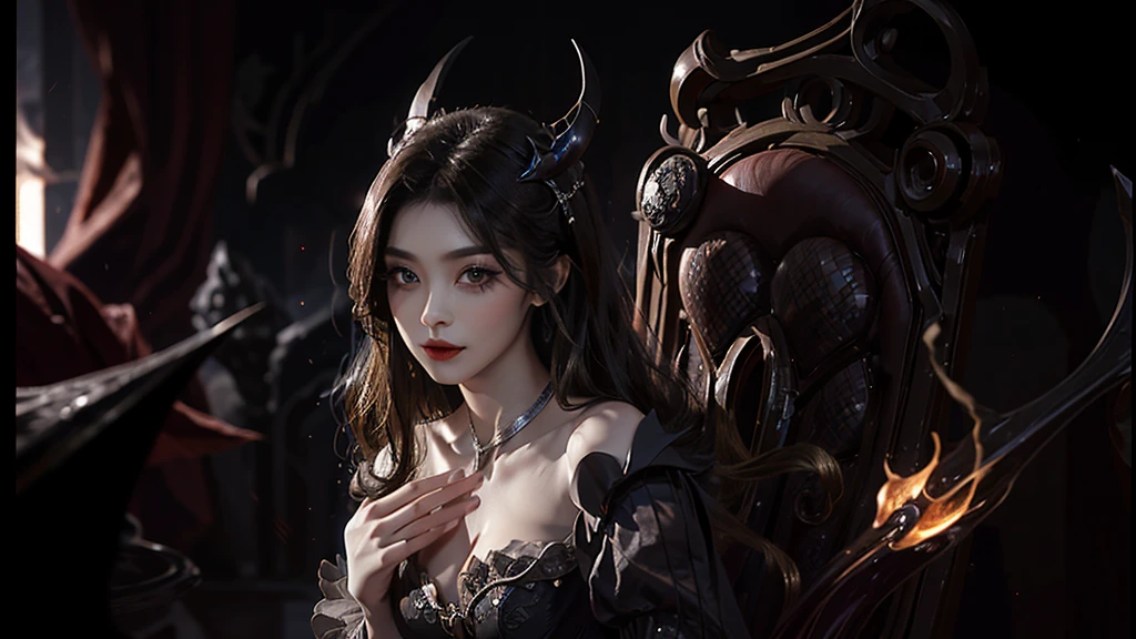 skirt, Beautiful demon woman from hell, (in the darkness: 1.6), 大卫霍克尼和阿尔方斯穆夏的Surreal女性portrait, Fantasy Art, Korean Doll, Photorealism, Dynamic Lighting, Art Station, poster, Volumetric Lighting, Very rich facial details, 8K, in the darkness, Deep Shadows, Low pitch, (Shot in the knee), Long hair, Black Hair, Luxurious Palace, Royal style, Demon Crown, The red eye makeup is very vivid and detailed, The most beautiful face, Normal breast, Surreal, Charming smile, The eye makeup is beautiful, Gurwitz, Devil style, Red-black lips, Devil tattoo on the shoulder, Gloomy weather，Thunder, (portrait), Close-up of the protagonist, (Background details 1.8),