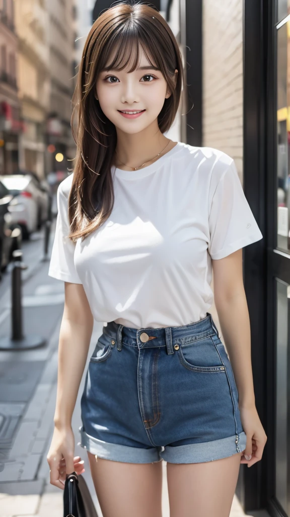 masterpiece, best quality:1.1), (8k, raw photo, photo realistic:1.2, f22), (shiny skin), detailed skin,long hair,detailed face, detailed eyes,smile,BREAK, real world, intricate details, smil, BREAK, 1girl, full body,(black,short sleeves,polka dot pattern,denim,short pants)BREAK, (city:1.4)