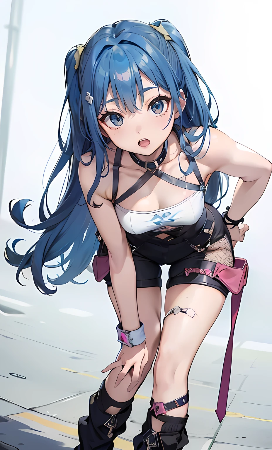 (best quality,4K,8k,high resolution,masterpiece:1.2),super detailed,(actual,realistically,realistically:1.37), Ultra high definition face, posing for photo, seduct smile, attractive girl, jaw-dropping beauty,medium breasts,Thin waist and thick hips, hourglass figure, fitness model, rosy cheeks, Alluring with a smile,Bokeh, Dynamic Angle, (((Leaning forward:1.2))), close arms, Close-up face:1.5, whole body, From below:1.2, (Correct Anatomy:1.6, Ideal body proportions, The right move:1.5, Small hands),((blue hair with light yellow mesh))