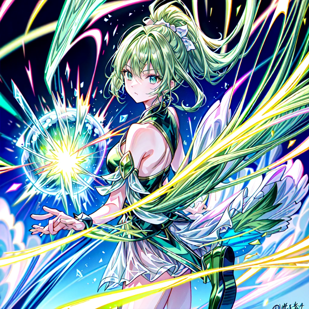 masterpiece, Highest quality, Anime Style, Green crystal girl, Long pink hair, ponytail, blue eyes, green glass, Transparency, Green light particles, Green Aura, effect, action, Flying kick, Stiletto heels, Translucent green clothing, wind effect dancing from the hands, Shiny green background, Full Body Shot, White light particles, yellowの光粒子, Gloss, Gloss, Three-dimensional, Concave and convex, Explosive power, Spirit, There is a sense of tension, urgent, And fierce battle; This composition depicts the girl from a distance; A powerful green energy wave is released; Lightning flashes behind her, The surroundings are illuminated in green.. She is surrounded by a blue aura, purple, yellow. Powerful and dramatic. Dynamic and colorful visuals. This anime uses soft, watercolor-like brushstrokes to create delicate lines., Multiple cells are stacked、The texture of the ink is expressed. Bringing out quality through meticulous work., Gloss感, Gloss