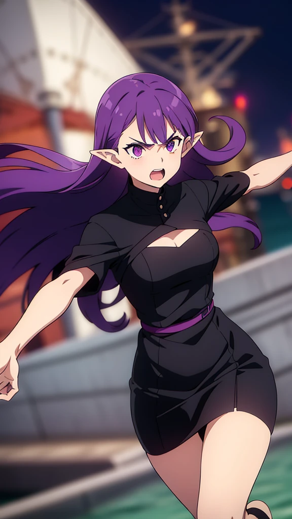 ((1woman,30 years old,mature female)),pointy ears,purple eyes,purple hair,long hair,angry,black dress,(night,harbor,ship),jumping,open mouth
