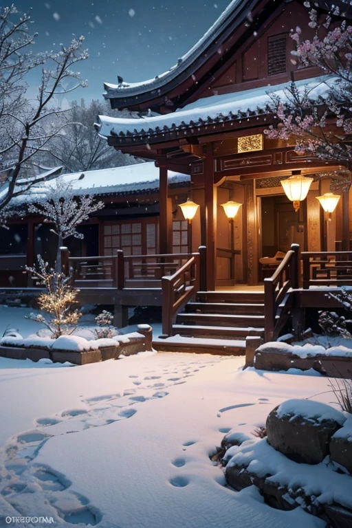 A beautiful detailed peach blossom garden in ancient China, lush peach trees in full bloom, intricate stone bridges, serene ponds with lotus flowers, exquisite traditional Chinese architecture, ancient scholars strolling through the garden, It's snowing , Snow covered the ground (best quality,4k,8k,highres,masterpiece:1.2),ultra-detailed,(realistic,photorealistic,photo-realistic:1.37),HDR,UHD,studio lighting,ultra-fine painting,sharp focus,physically-based rendering,extreme detail description,professional,vivid colors,bokeh,landscape,intricate details,cinematic lighting,warm color palette