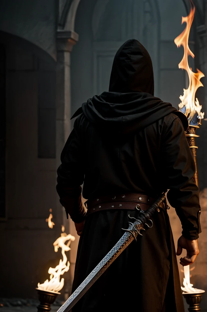 A boy with a black hood and a flaming sword on his back