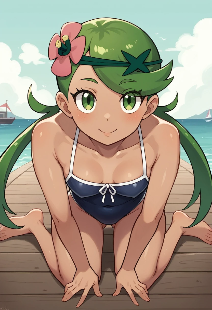 Masterpiece, Best Quality, high resolution, pier and sea in the background, A girl, alone, green eyes, long hair two braids, green color, funny look, sitting on the dock, smiling, (mallow) (pokemon), Swimsuit, bare shoulders, legs stretched and apart, barefoot, planta de los hanging feet , head on, hanging feet, (view from the ground up)