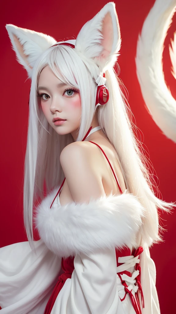 masterpiece, highest quality ,Full body photo、 Awareness-raising,1 perfect portrait of a girl, A fascinating eye for perfect detail, Colorful Hair, (red+White and soft hair:1.6), (White Fox Ears:1.3), Fantasy red background, {Sexy exposed bare shoulders} ,{Long-term alienation_sleeve}, {Lean forward slightly}, If you look up, hair ornaments, {shy },Please keep your mouth shut, Tilt your head, Cinema Lighting, Larger clothes, ((Seductive pose)),