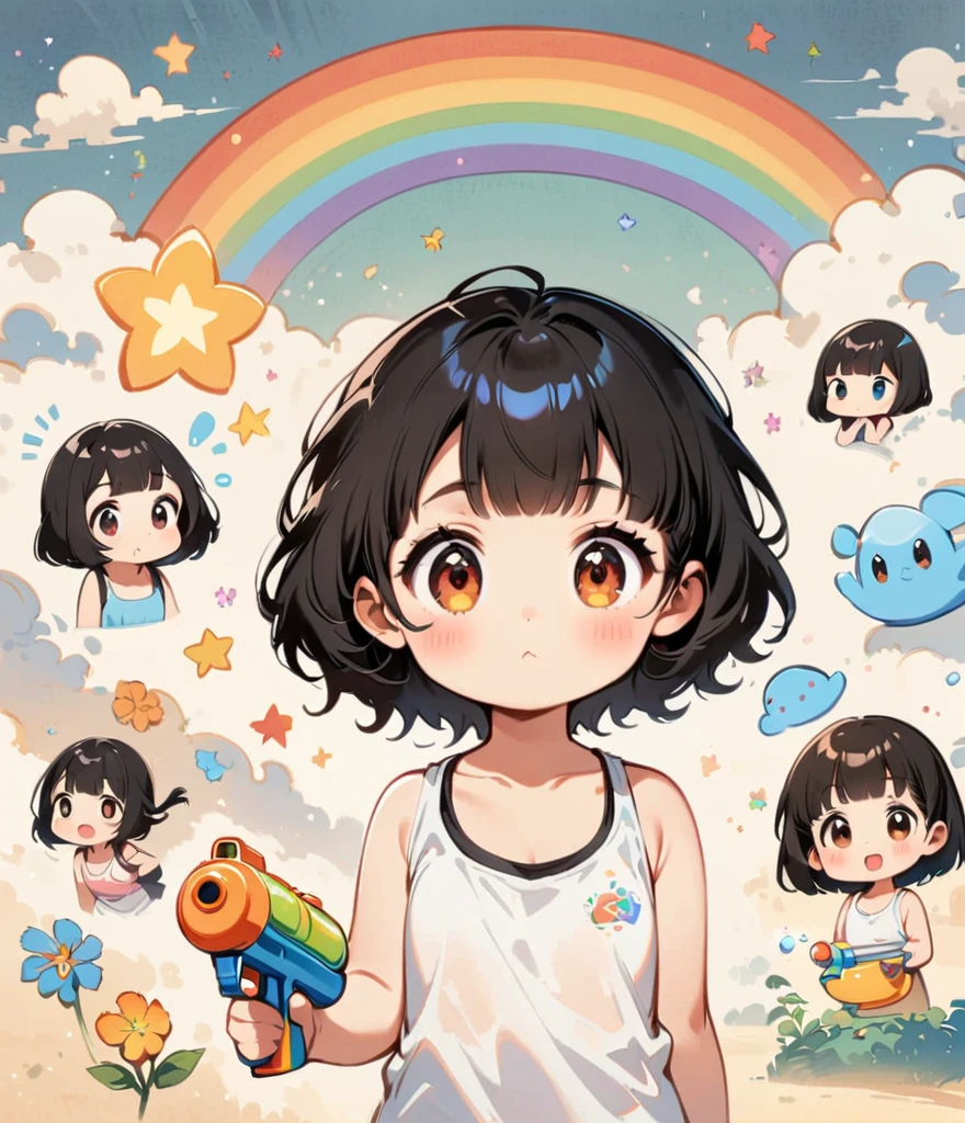 Draw a rainbow with a blue sky background、Short black hair、older sister、Play with a water gun、Gardenia flowers、large white flowers、Cartoon style character design，1 Girl, alone，Big eyes，Cute expression，Tank top、interesting，interesting，Clean Lines