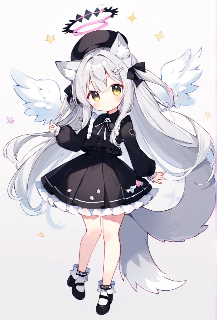 Cute single women、A skirt with lots of frills、Black Dress、White wolf ears(The tips of the ears are slightly black)、White Background、The whole body is visible、Long Hair、Few accessories、White wolf tail、The tail is attached to the tailbone、(The tail is located between the tailbone and the skirt...)、(White angel wings)、Ears are head、A black beret that does not cover the ears、Double Angel Halo、Outer black ring、Inner white ring