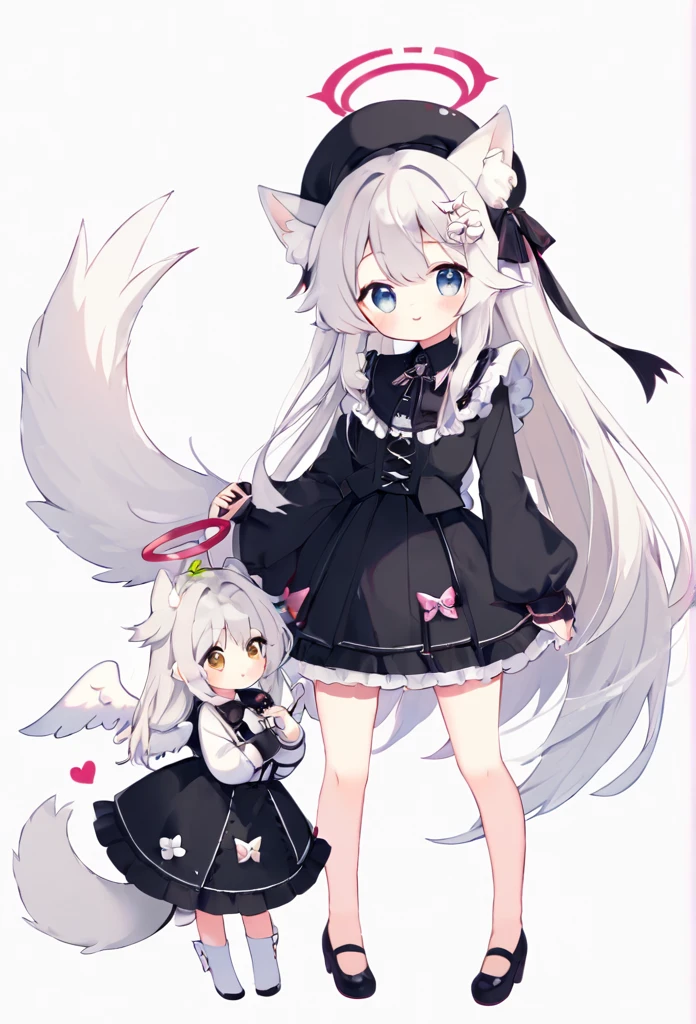 Cute single women、A skirt with lots of frills、Black Dress、White wolf ears(The tips of the ears are slightly black)、White Background、The whole body is visible、Long Hair、Few accessories、White wolf tail、The tail is attached to the tailbone、(The tail is located between the tailbone and the skirt...)、(White angel wings)、Ears are head、A black beret that does not cover the ears、Double Angel Halo、Outer black ring、Inner white ring