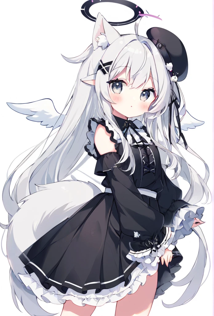 Cute single women、A skirt with lots of frills、Black Dress、White wolf ears(The tips of the ears are slightly black)、White Background、The whole body is visible、Long Hair、Few accessories、White wolf tail、The tail is attached to the tailbone、(The tail is located between the tailbone and the skirt...)、(White angel wings)、Ears are head、A black beret that does not cover the ears、Double Angel Halo、Outer black ring、Inner white ring