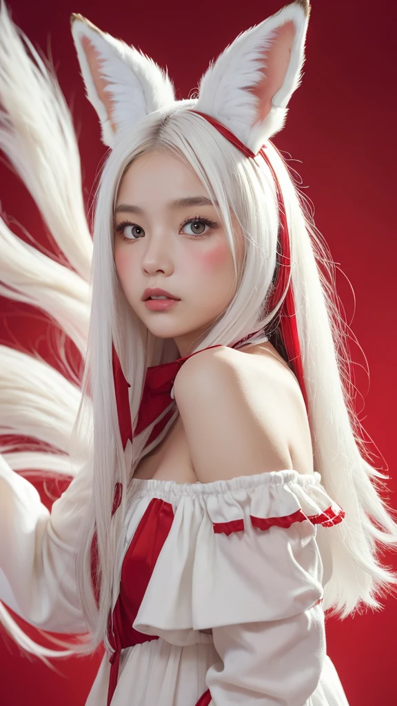 masterpiece, highest quality ,Full body photo、 Awareness-raising,1 perfect portrait of a girl, A fascinating eye for perfect detail, Colorful Hair, (red+White and soft hair:1.6), (White Fox Ears:1.3), Fantasy red background, {Sexy exposed bare shoulders} ,{Long-term alienation_sleeve}, {Lean forward slightly}, If you look up, hair ornaments, {shy },Please keep your mouth shut, Tilt your head, Cinema Lighting, Larger clothes, ((Seductive pose)), 