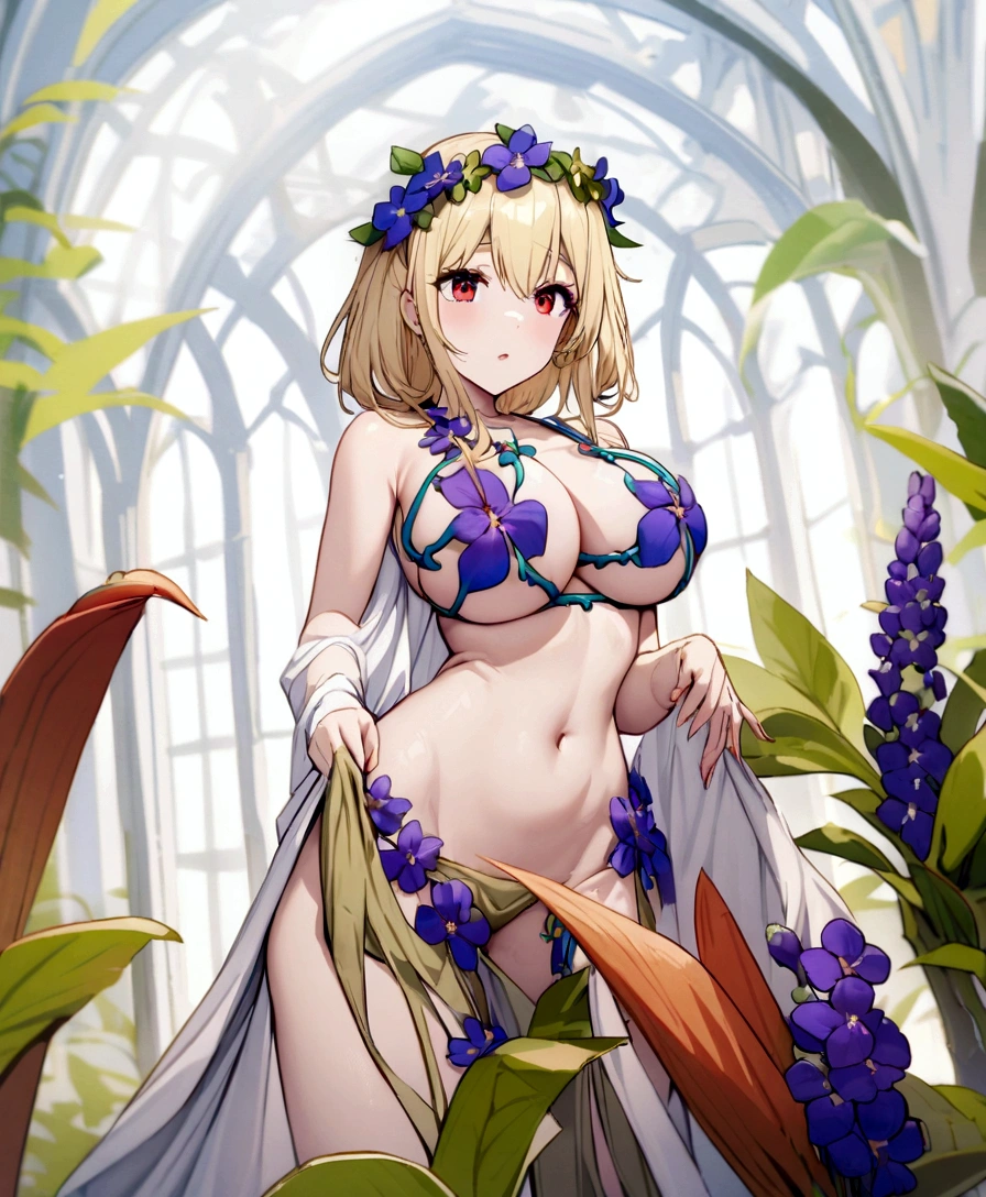 Plant bikini, flower crown, bare belly, big breasts, blond hair, red eyes