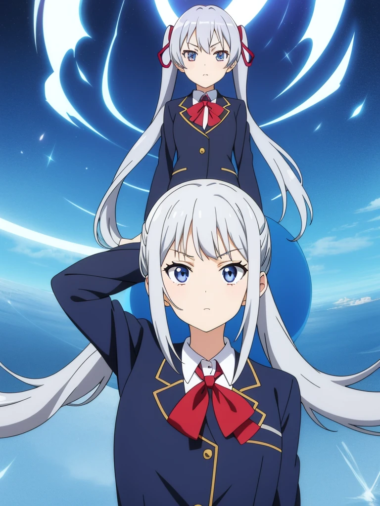 1girl, anime girl, silver hair, long twintails, silver eyes, dark blue school suit, anime movie poster