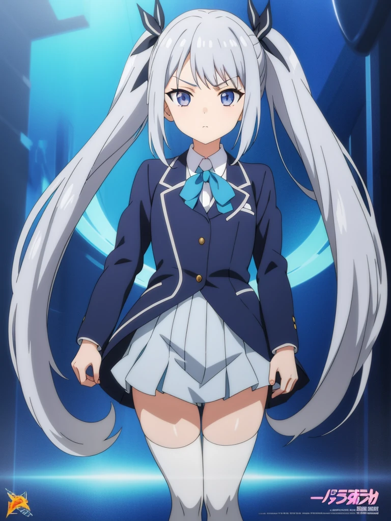 1girl, anime girl, silver hair, long twintails, silver eyes, dark blue school suit, anime movie poster