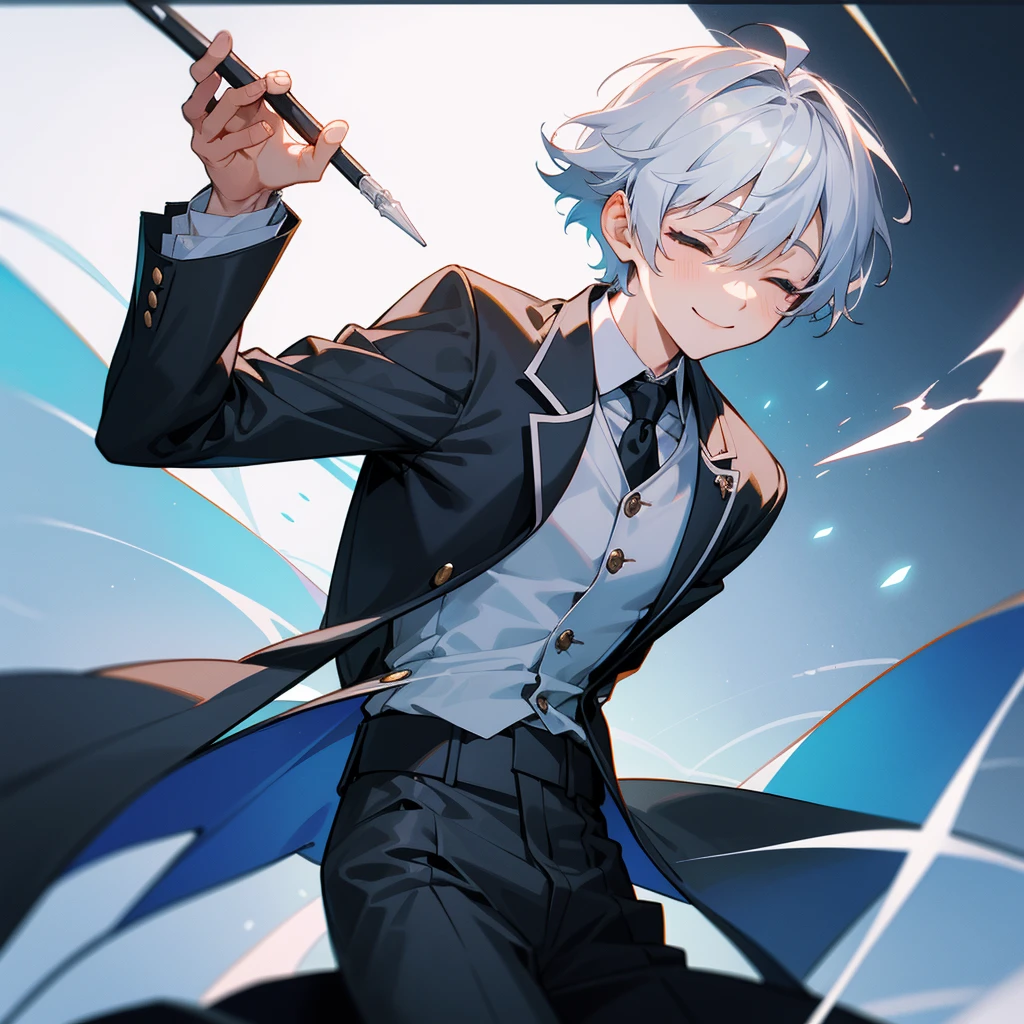1 boy、Highest quality, Tabletop, Beautiful Face、suit、Silver Hair、intellectual、short hair、whole body、(close your eyes) Wicked Smile、 front