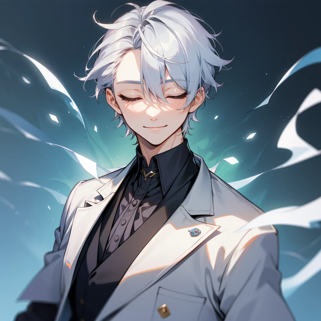 1 boy、Highest quality, Tabletop, Beautiful Face、suit、Silver Hair、intellectual、short hair、whole body、(close your eyes) Wicked Smile、 front