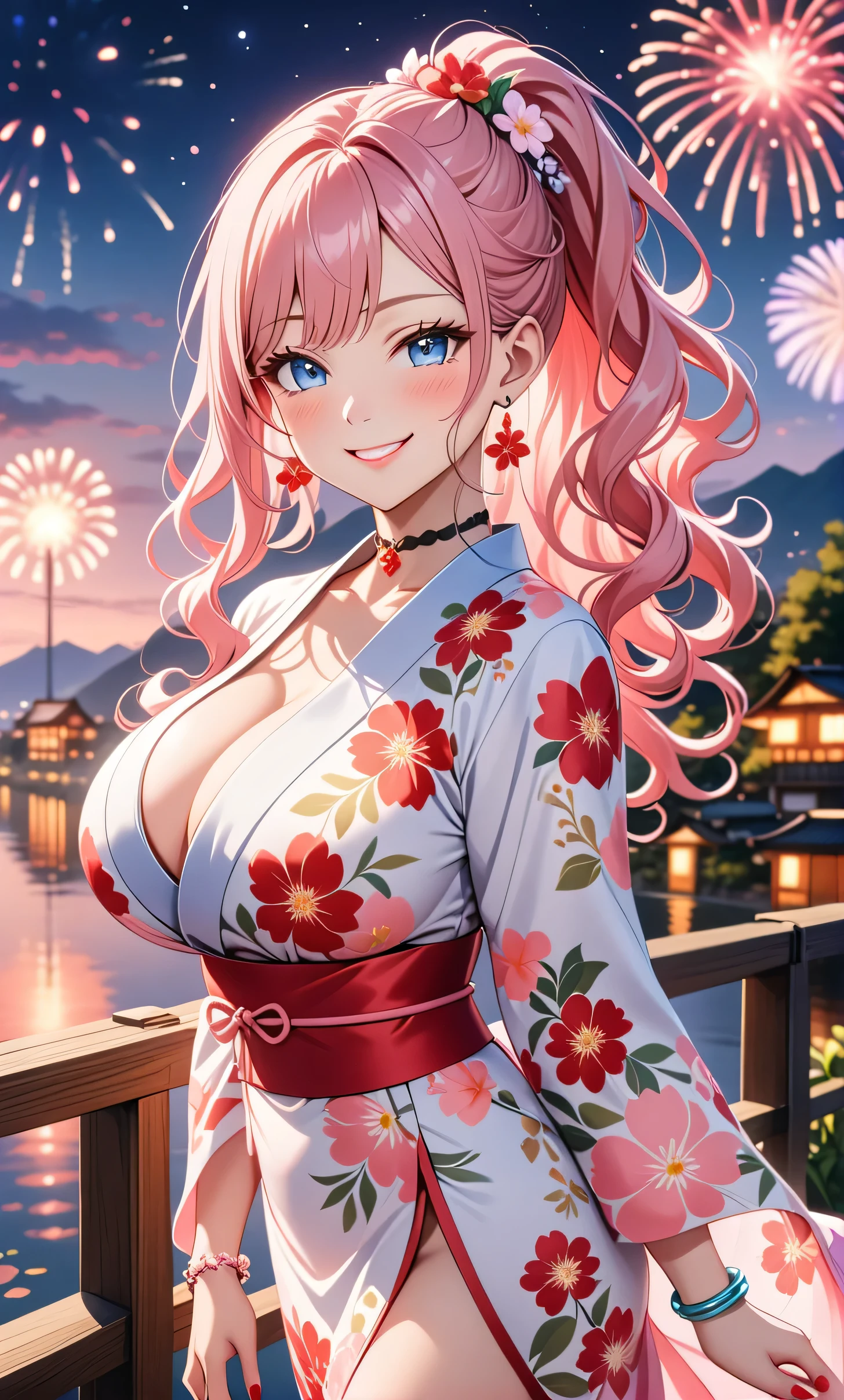 ultra-detailed, ((one girl)), in pastel colors girl,  hyper detailed, absurdres, 8K, Beautiful Face, (Laugh shyly), ((teasing smile:1.8)), ((Wink:1.8)), (Laugh with your mouth wide open),(Tilt your head:1.3), View your viewers, ((Bright red cheeks:1.6)),Glossy Red Lips, ((:1.5)), (valley),night, Riverside,On Bridge, firework, (Brighten your face), ((Anime style background)),masterpiece, Highest quality, so beautiful,Latest, Complex details, (Pink long nails), (nail art), (ring),(bracelet), (Floral Choker),AI-generated, Complex,High resolution, Highest quality, super high quality,3D Images、3D Images,One person,Pastel pink long hair,(High Ponytail), (wavy hair:1.3), Pastel anime woman posing for a photo,  ((Fine grain、blue eyes、glowing eyes:1.4)), (Squint your eyes:1.1),a hyperRealistic , hyperRealistic , Realistic,Anime woman with long pastel pink hair, Smooth anime CG art, A girl in a gorgeous pastel-colored kimono, ((Pastel-colored furisode)),(Pink large floral pattern) ,Long flower hair ornament,Floral Earrings,Mature Body,Abdominal muscles,Tight waist,((arched back:1.9)), (front view),