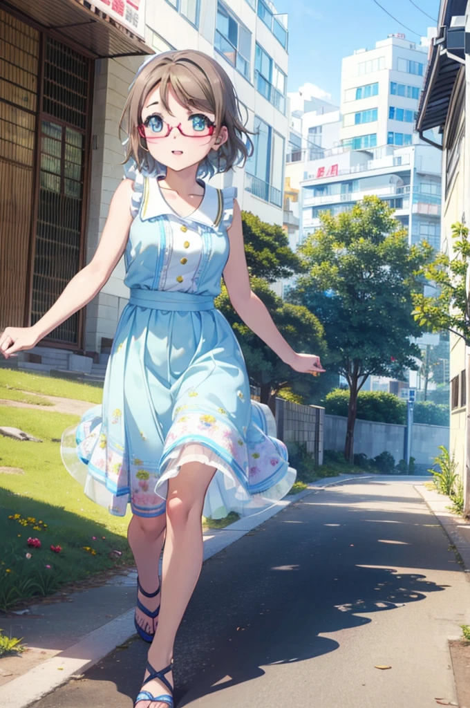 Yo Watanabe, Watanabe Yo, short hair, blue eyes, Brown Hair, smile, blush,Open your mouth,Flower Hair Ornaments,Black-rimmed glasses,Light blue sleeveless dress,Long skirt,Cute heeled sandals,Walking,Daytime,Clear skies,whole bodyがイラストに入るように
break outdoors, Coastal Road,Building district,
break looking at viewer, whole body,
break (masterpiece:1.2), Highest quality, High resolution, unity 8k wallpaper, (figure:0.8), (Beautiful attention to detail:1.6), Highly detailed face, Perfect lighting, Highly detailed CG, (Perfect hands, Perfect Anatomy),