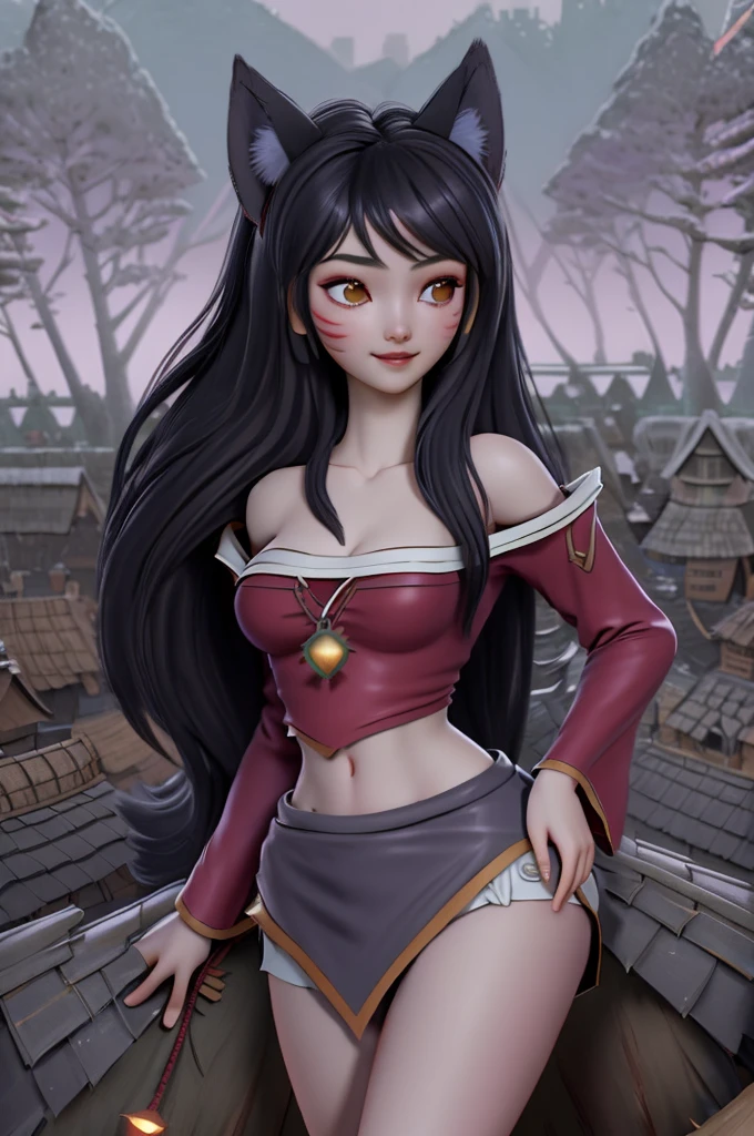 close up 1girl in, Ahri, league of legends, teenager, Solo, long hair, super long black hair, pale skin, full medium breasts, cleavage, runners body, (thin hips, thin waist: 1.25), (arched back:1.12), detailed skin, neutral face, shy smile, revealing clothes, (wearing fox ears, multiple fox tails, off the shoulder nsfw kimono: 1.1), (detailed tree village background:1.4), dark rooftop, overlooking apocalyptic city, 4k textures, soft light, elegant, highly detailed, sharp focus, soothing tones, insane details, intricate details, hyperdetailed, low contrast, exposure blend, hdr, faded