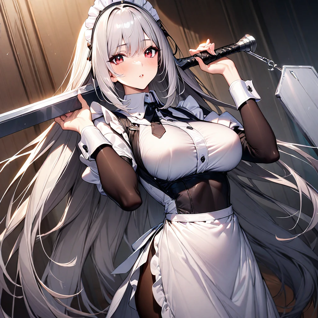 (masterpiece),(Highest quality),(Super detailed),(Best illustrations),(so beautiful), Beautiful Eyes, Perfect Face, Perfect hands, Perfect Fingers, hanging breasts, so beautiful長い脚, Silver Hair, Red eyes, Very long hair, pantyhose, Maid, headdress, apron, Long skirt, holding weapon, greatsword, carrying over shoulder