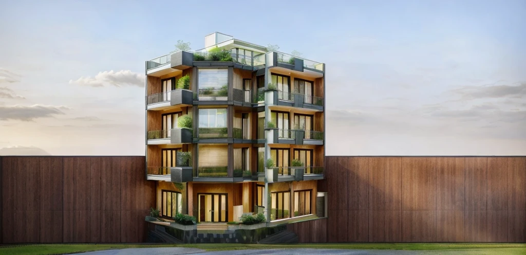 Daylight townhouse exterior, natural color tones, with balcony, GLASS DOOR, glass railing, green trees, There are houses around