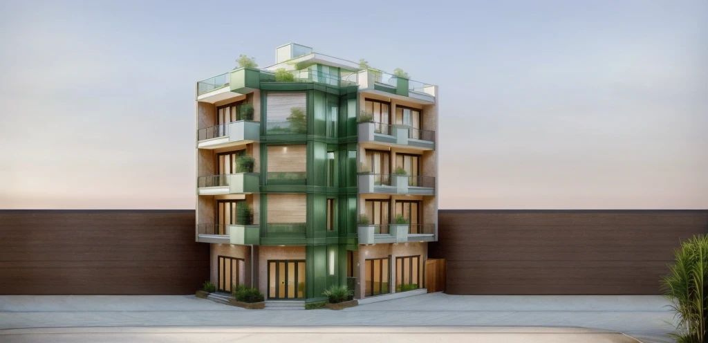 Daylight townhouse exterior, natural color tones, with balcony, GLASS DOOR, glass railing, green trees, There are houses around