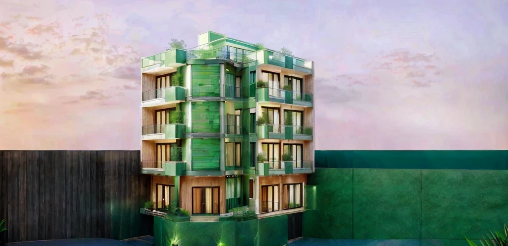 Daylight townhouse exterior, natural color tones, with balcony, GLASS DOOR, glass railing, green trees, There are houses around