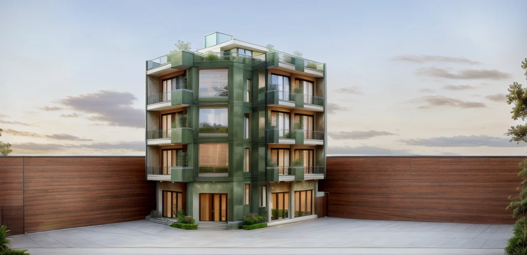 Daylight townhouse exterior, natural color tones, with balcony, GLASS DOOR, glass railing, green trees, There are houses around