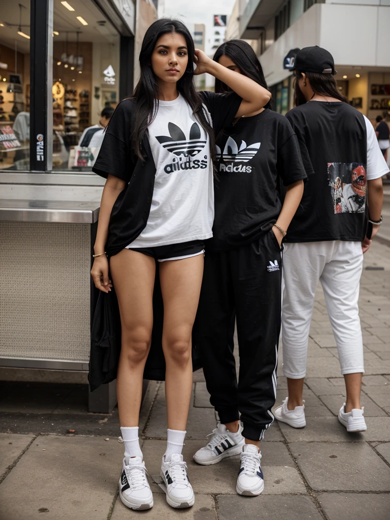 A indian gril black hair drees hip hop t shirt and long hip hop jens and adidas shoes at shoping mole in haydrabad