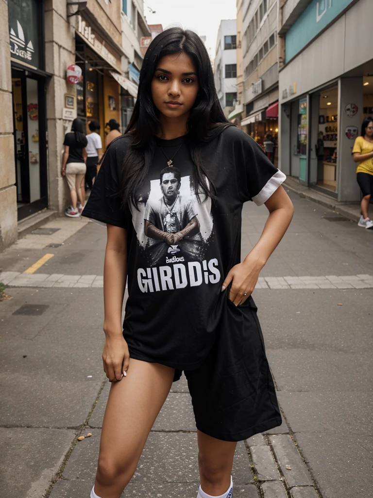 A indian gril black hair drees hip hop t shirt and long hip hop jens and adidas shoes at shoping mole in haydrabad