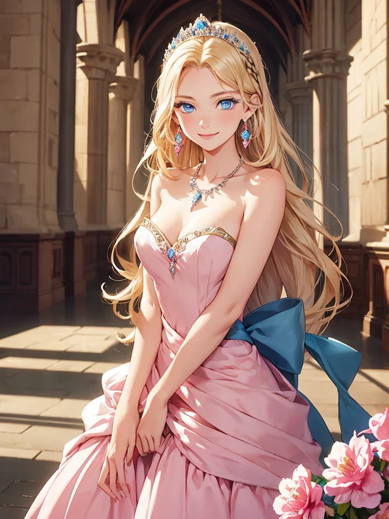 One girl,In the great castle hall, Princess ,((blue eyes)), blonde, pink strapless dress, Long Hair, floting hair, smile, Earrings, necklace, 15 years old, Flowers on the dress, lipstick, Portraiture