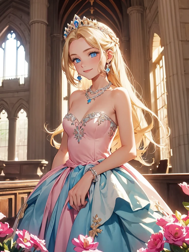 One girl,In the great castle hall, Princess ,((blue eyes)), blonde, pink strapless dress, Long Hair, floting hair, smile, Earrings, necklace, 15 years old, Flowers on the dress, lipstick, Portraiture