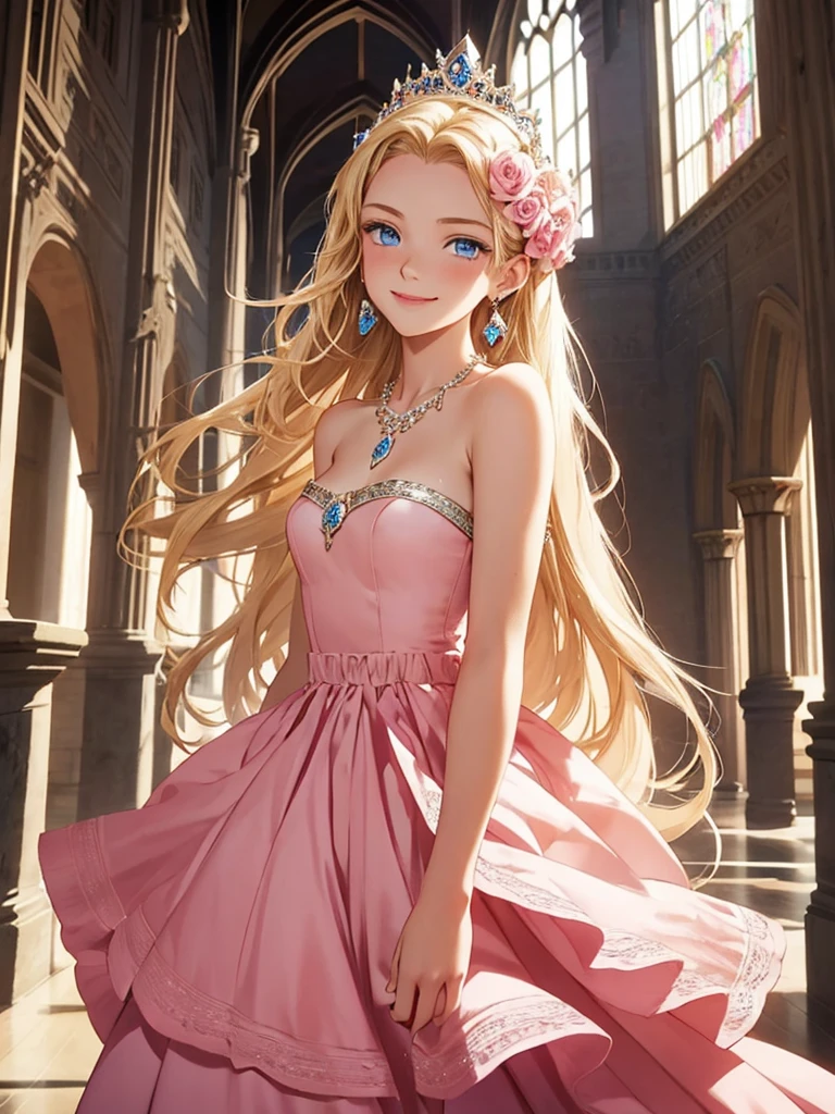 One girl,In the great castle hall, Princess ,((blue eyes)), blonde, pink strapless dress, Long Hair, floting hair, smile, Earrings, necklace, , Flowers on the dress, lipstick, Portraiture