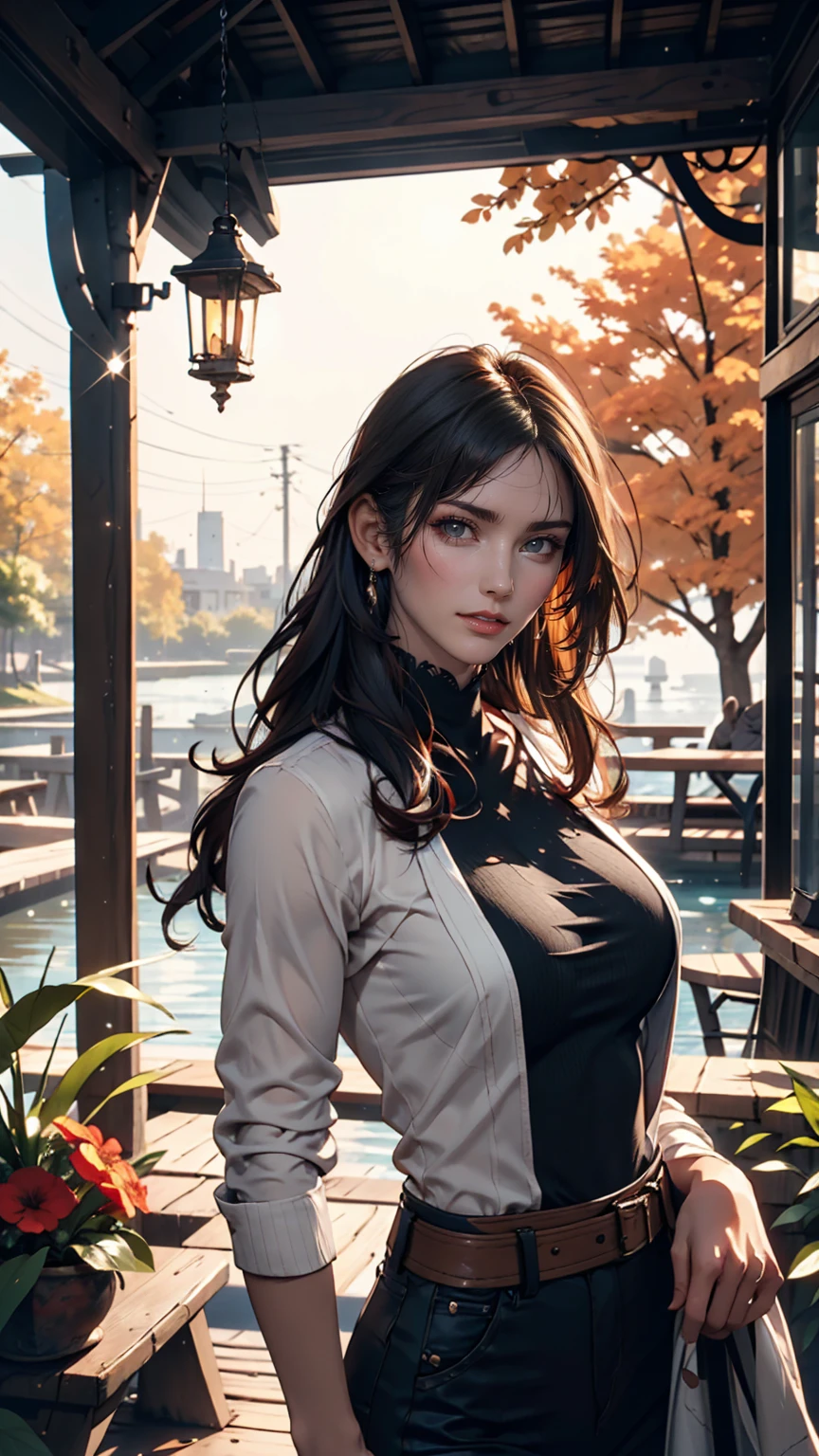 Portrait of a pretty woman in a bright and windy field, river, (Backlight), Realistic, masterpiece, Highest quality, Lens flare, shade, bloom, [[chromatic aberration]], Jeremy Lipking, Antonio J.. Manzanado, Digital Painting, Style - Glass Final, Natural skin texture