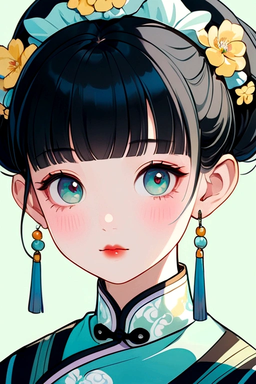 a gongbi painting of a chinese cartoon-like girl with black hair, Qing Dynasty style, exquisite headdress, cute face, close-up, in the style of cartoonish lithographs, extremely minimalism portrait, animated gif, rich details, crisp lines, fairy kei, dark blue and yellow and light cyan, matte light green background