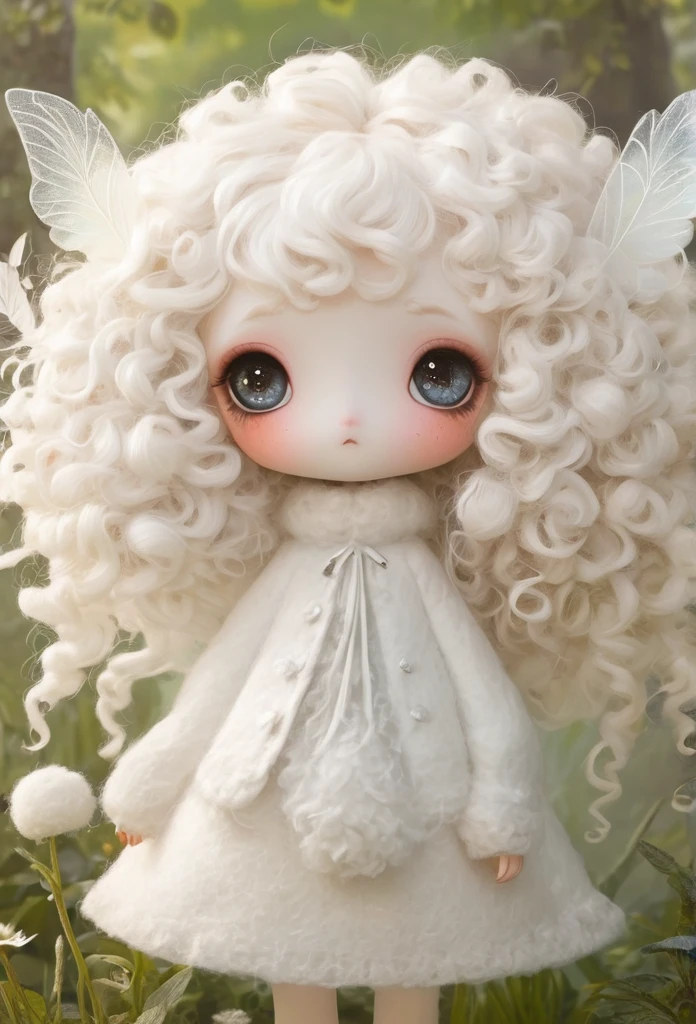 (masterpiece, best quality:1.2), 1 faerie Girl, beuty wings, Solitary, big eyes,White curly hair,Felt clothing