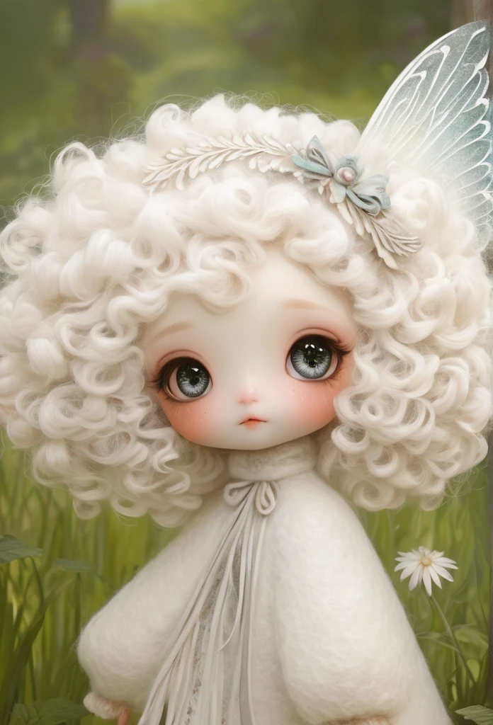 (masterpiece, best quality:1.2), 1 faerie Girl, beuty wings, Solitary, big eyes,White curly hair,Felt clothing