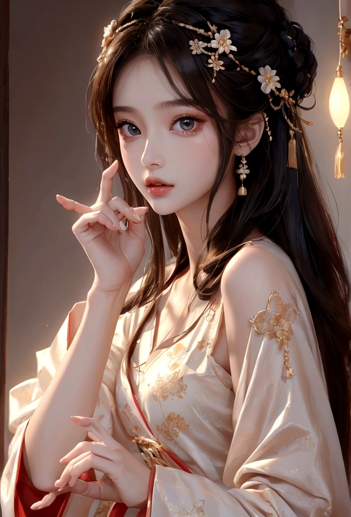 Best image quality、8K、masterpiece:1.3))、Realistic high-quality photos、Highest quality、 Beautiful face、Photos of slim models、Beautiful girl model、Young and pretty face、Beautiful model girl、A lovely and delicate face、Black Hair、Beautiful brown eyes、Young Body、Hanfu, (emphasize)、from the front、Camera gaze、Model pose、Sexy pose、Five fingers、Perfect Fingers、1 thumb and 4 fingers