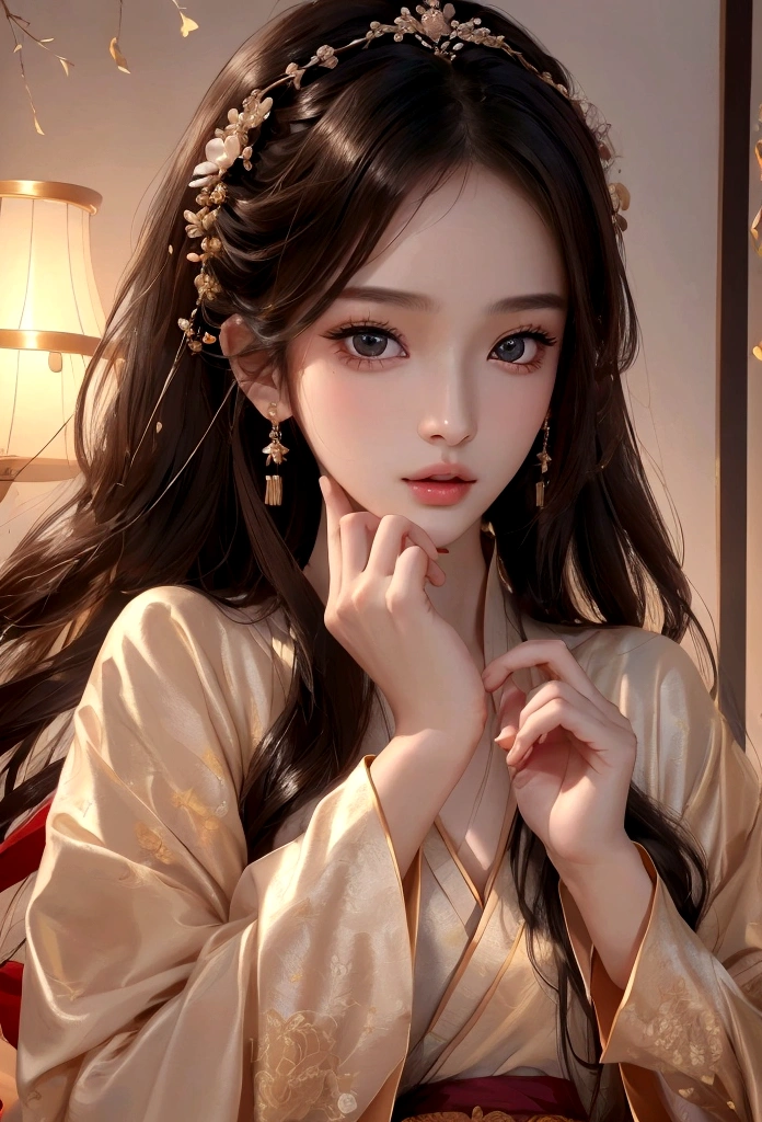 Best image quality、8K、masterpiece:1.3))、Realistic high-quality photos、Highest quality、 Beautiful face、Photos of slim models、Beautiful girl model、Young and pretty face、Beautiful model girl、A lovely and delicate face、Black Hair、Beautiful brown eyes、Young Body、Hanfu, (emphasize)、from the front、Camera gaze、Model pose、Sexy pose、Five fingers、Perfect Fingers、1 thumb and 4 fingers