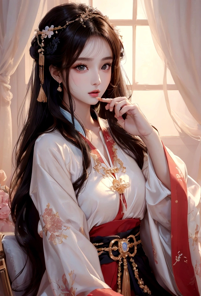 Best image quality、8K、masterpiece:1.3))、Realistic high-quality photos、Highest quality、 Beautiful face、Photos of slim models、Beautiful girl model、Young and pretty face、Beautiful model girl、A lovely and delicate face、Black Hair、Beautiful brown eyes、Young Body、Hanfu, (emphasize)、from the front、Camera gaze、Model pose、Sexy pose、Five fingers、Perfect Fingers、1 thumb and 4 fingers