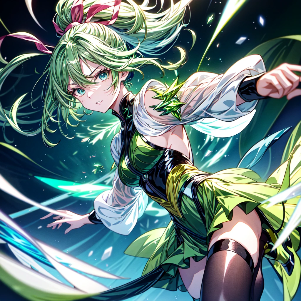 masterpiece, Highest quality, Anime Style, Green crystal girl, Long pink hair, ponytail, blue eyes, green glass, Transparency, Green light particles, Green Aura, effect, action, Flying kick, Stiletto heels, Translucent green clothing, wind effect dancing from the hands, Shiny green background, Full Body Shot, White light particles, yellowの光粒子, Gloss, Gloss, Three-dimensional, Concave and convex, Explosive power, Spirit, There is a sense of tension, urgent, And fierce battle; This composition depicts the girl from a distance; A powerful green energy wave is released; Lightning flashes behind her, The surroundings are illuminated in green.. She is surrounded by a blue aura, purple, yellow. Powerful and dramatic. Dynamic and colorful visuals. This anime uses soft, watercolor-like brushstrokes to create delicate lines., Multiple cells are stacked、The texture of the ink is expressed. Bringing out quality through meticulous work., Gloss感, Gloss