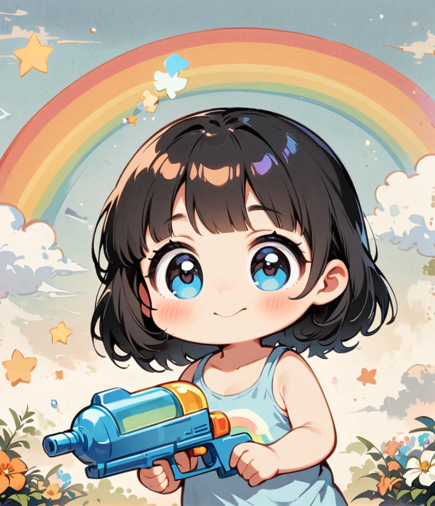 Draw a rainbow with a blue sky background、Short black hair、older sister、Play with a water gun、Gardenia flowers、large white flowers、Cartoon style character design,1 Girl, alone,Big eyes,Cute expression,Tank top、interesting,interesting,Clean Lines