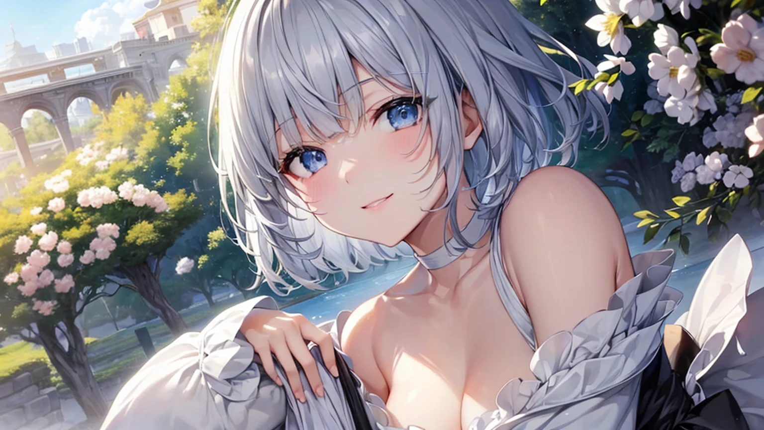 Ultra HD,Look at the viewers, Put your hands behind your back, With a girl, 20-year-old, 非常にShort Hair, Long bangs between the eyes, Pale blue eyes,  Very detailed,(masterpiece、Highest quality),Gray Hair、Laughter、Fantastic, Silver Hair, Iris,  Short hair、 Fluttering Hair、Small Face、明るいsmile、(Detailed face) ,Professional Lighting,Wonderful landscape,blue sky, sunlight,Looking down from above,Portraiture、Open your mouth、Flower Field、Her eyes were shining、Mysterious and enchanting atmosphere。With AI Painting、とてもShort Hair, Long bangs between the eyes, Very detailed,(masterpiece、Highest quality)、alone、Gray Hair、Fantasy, Silver Hair, Fantasyな風景、White shirt、smile、Open your mouth、short hair、Short Hair、hairpin、black eye、Grey Eyes、Beautiful Eyes、