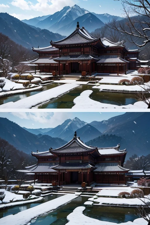 A beautiful detailed peach blossom garden in ancient China, lush peach trees in full bloom, intricate stone bridges, serene ponds with lotus flowers, exquisite traditional Chinese architecture, ancient scholars strolling through the garden, It's snowing , Snow covered the ground (best quality,4k,8k,highres,masterpiece:1.2),ultra-detailed,(realistic,photorealistic,photo-realistic:1.37),HDR,UHD,studio lighting,ultra-fine painting,sharp focus,physically-based rendering,extreme detail description,professional,vivid colors,bokeh,landscape,intricate details,cinematic ,cool color palette
