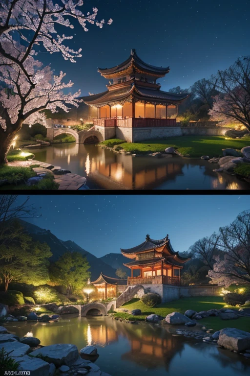A beautiful detailed peach blossom garden in ancient China, lush peach trees in full bloom, intricate stone bridges, serene ponds with lotus flowers, exquisite traditional Chinese architecture, ancient scholars strolling through the garden, It's snowing , Snow covered the ground (best quality,4k,8k,highres,masterpiece:1.2),ultra-detailed,(realistic,photorealistic,photo-realistic:1.37),HDR,UHD,studio lighting,ultra-fine painting,sharp focus,physically-based rendering,extreme detail description,professional,vivid colors,bokeh,landscape,intricate details,cinematic ,cool color palette