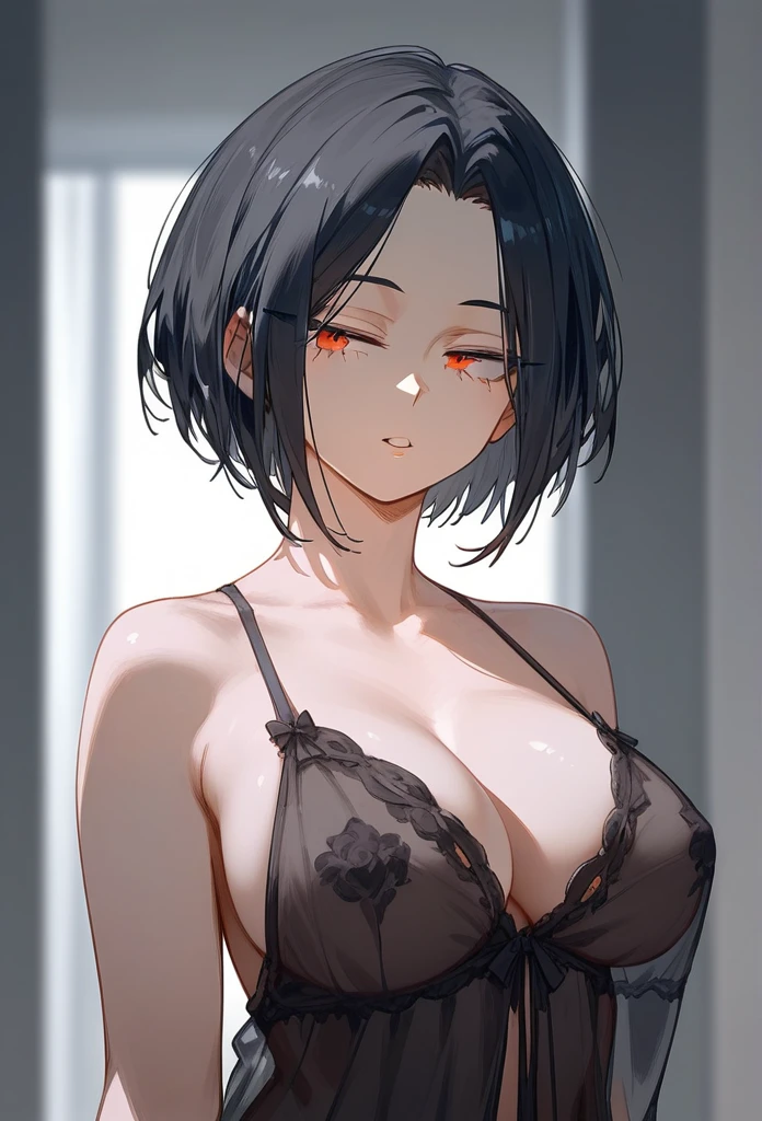masterpiece, Score_9, Score_8_up, Score_7_up, rear view, 1 woman, alone, dark black hair, very short hair, long parted bangs, gold and orange eyes, half-closed eyes, parted lips, expressionless, pale skin, large breasts, top body, black Nightgown with transparent V-neck, long open bangs, with a mole under the mouth, cut style (boy), No bangs, Boku no Hero academia
