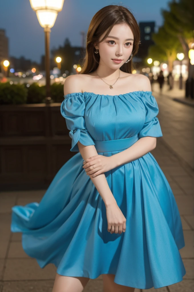 (best quality, 8K, masterpiece: 1.3), Be focused: 1.2, beauty: 1.4, Abdominal muscles: 1.1, Brown hair, Aqua blue dress: 1.4, Outdoors at night: 1.1, City Streets, Pretty face and eyes, Double eyelids. Add realistic lighting, Pay attention to adjusting the proportions.