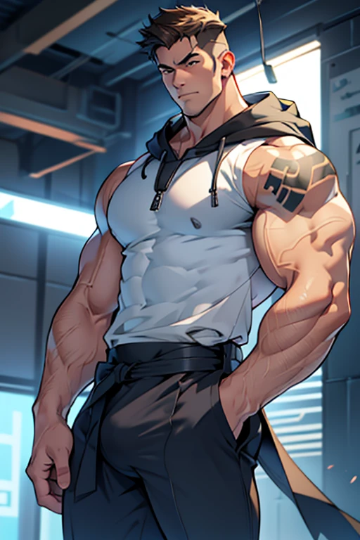 向观众炫耀Thick arms，Dissemination，Eyes look at the audience，Thick arms，Highest image quality，Men，Showing shoulders and arms，1 boy，young and beautiful，exhibit，Brown hair，Short straight hair，Dark Skin，cartoon，cartoon壁纸，Solitary，Male focus，Chest muscle expansion, best quality，The feeling of youth，Upper Body，(exhibit他muscular)，（Abstract Background),(Hands in pockets)，sideways，Sharp eyes，(Bottom-up view)，shoulder width，Muscles protrude a lot，Highest image quality，Look at it from a low angle ，The protagonist is wearing a hooded jacket，cartoon壁纸，Chest muscle expansion, best quality)，((Exaggerated muscle bulge))，The protagonist is tall，muscular and bulky, muscular characters, Great and cool, tall and muscular, muscular!!, Very strong, muscular， men, Huge muscles, Big Muscle, Muscle Man, cartoon帅气的男人, muscular!, Huge muscles, muscular bodies，(Photo from bottom to top) (Highest quality images) ，Close-up photos ,real, young, Crotch protrusion, cartoon人物, Male face, bonito rosto young, Huge pectoral muscles, 大腿muscular, Biceps tendon, Huge body, High-intensity training makes your body more fit, muscular, 8 Pack Abs,  Radiant Skin,（Hands in pockets），Thick Legs，Half-length photo，The character is a burly man，Surrealistic pattern，Dynamic Action，Exaggerated deformation，The overall picture highlights his well-developed shoulders and pectoralis major muscles，Light from above， Muscular，Upper Body，Clothes show shoulders，Tattoo，Clean face，（Hands in pockets），Lift his head，Keep your eyes open（Hands in pockets），（Hands in pockets），（Hands in pockets），（Hands in pockets），（Hands in pockets），（Hands in pockets），（Hands in pockets），（Hands in pockets），
